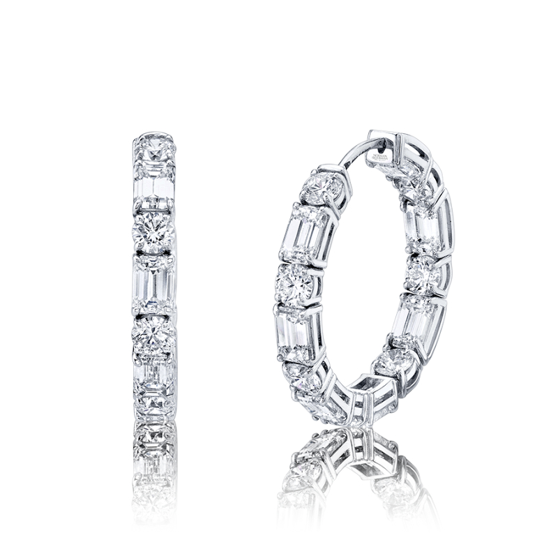 Norman Silverman 18K White Gold Rhodium Plated Emerald Cut And Round Diamond Hoop Earrings