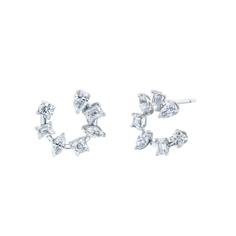 Norman Silverman 18K White Gold Rhodium Plated Diamond Multi-Shape Front Facing Hoop Earrings