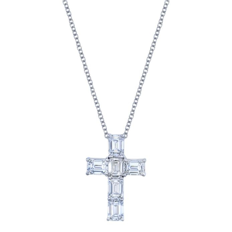 Norman Silverman 18K White Gold Rhodium Plated Emerald Cut Diamond Cross Pendant