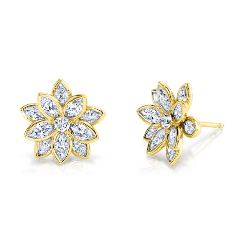 Norman Silverman 18K Yellow Gold Bezel Set Diamond Flower Earrings