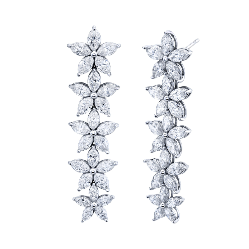Norman Silverman 18K White Gold Rhodium Plated Diamond Flower Drop Earrings