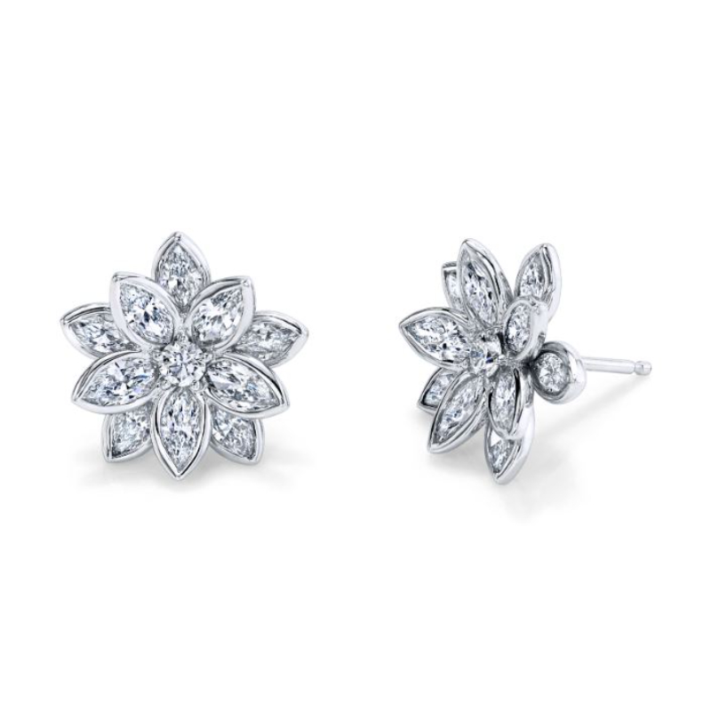Norman Silverman 18K White Gold Rhodium Plated Bezel Set Diamond Flower Earrings