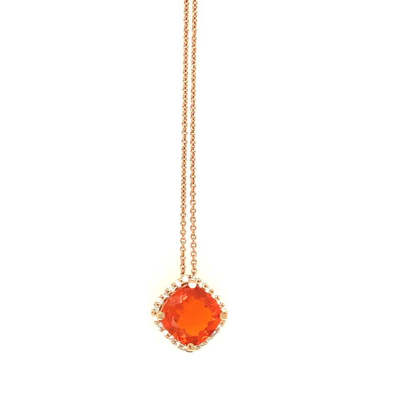 Lisa Nik 18k rose gold Rocks cushion shaped fire opal pendant necklace with diamond halo, 8mm fire opal with round diamonds weighing 0.15 carat total weight