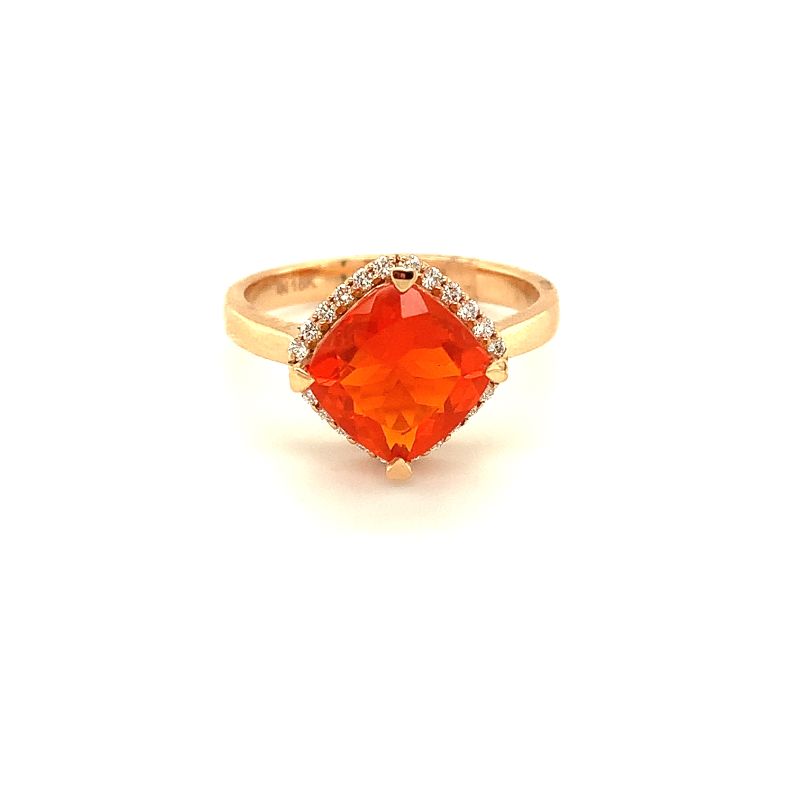 Lisa Nik 18k rose gold Rocks cushion shaped fire opal ring with diamond halo, 8mm fire opal with round diamonds weighing 0.15 carat total weight