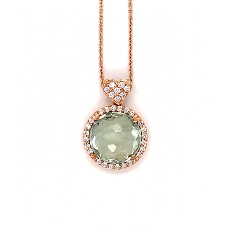 Lisa Nik 18k rose gold Rocks round prasiolite pendant necklace with diamonds, 11mm prasiolite with diamonds weighing 0.30 carat total weight