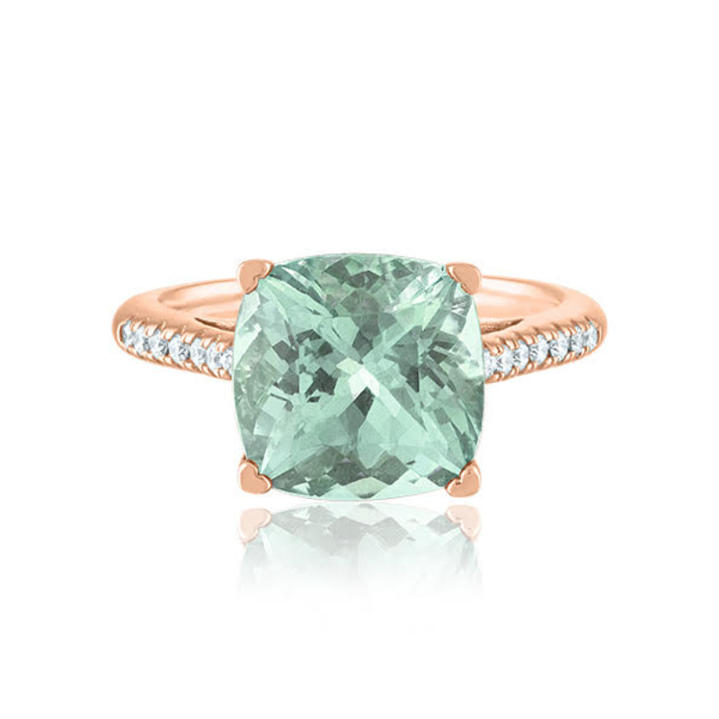 Lisa Nik 18k rose gold Rocks cushion prasiolite ring with diamonds, 10mm prasiolite with diamoinds weighing 0.14 carat total weight, size 6