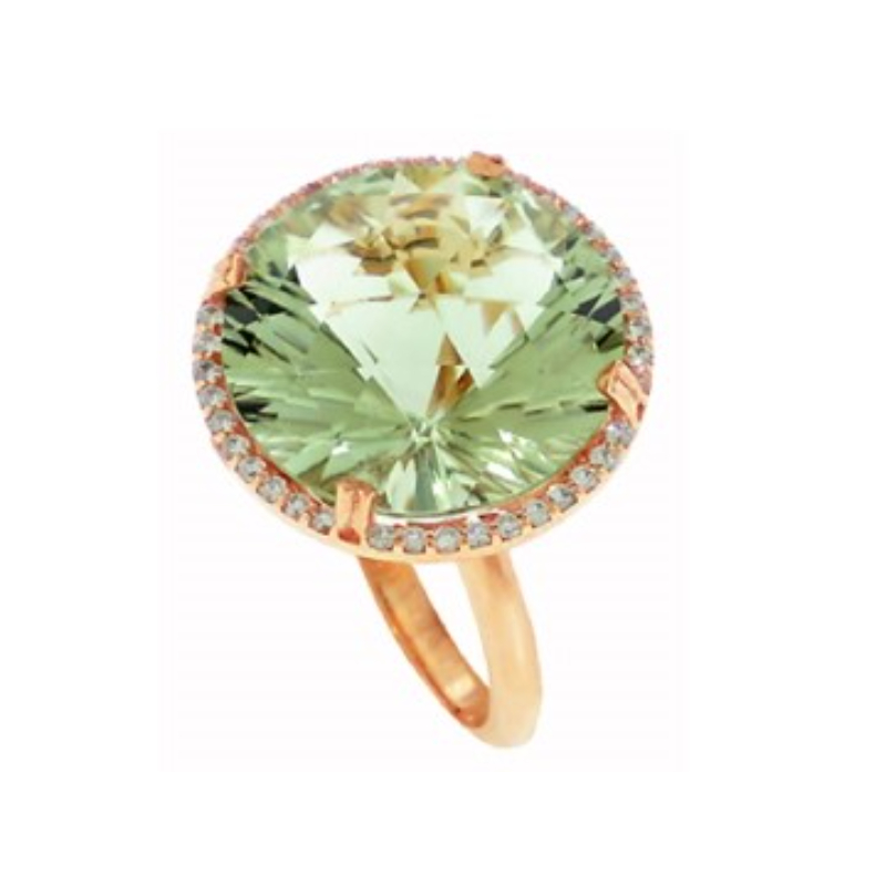 Lisa Nik 18k rose gold Rocks 17mm round green quartz ring with round diamonds weighing 0.30 carat total weight