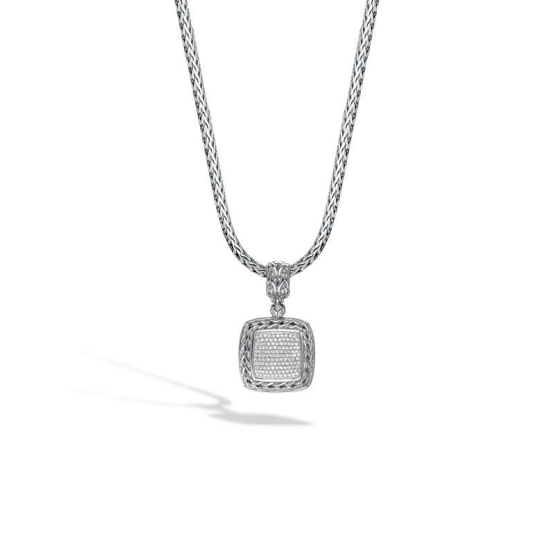 Classic Chain Silver Diamond Pave Medium Square Pendant (0.72ct)