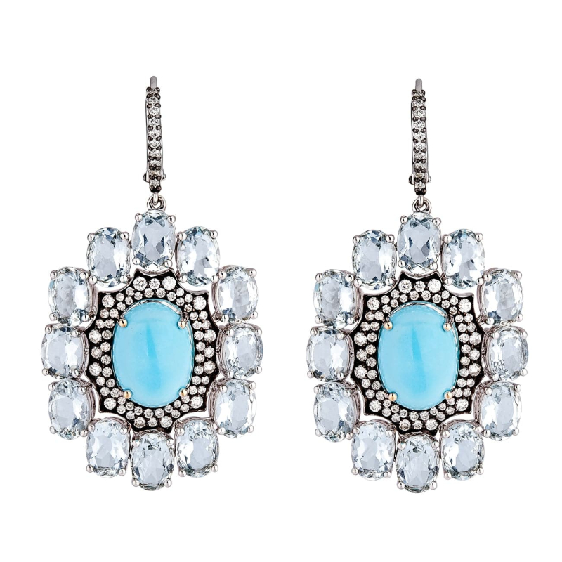 Etho Maria 18K White Gold Rhodium Plated Aquamarine, Turquoise, And Diamonds Earrings