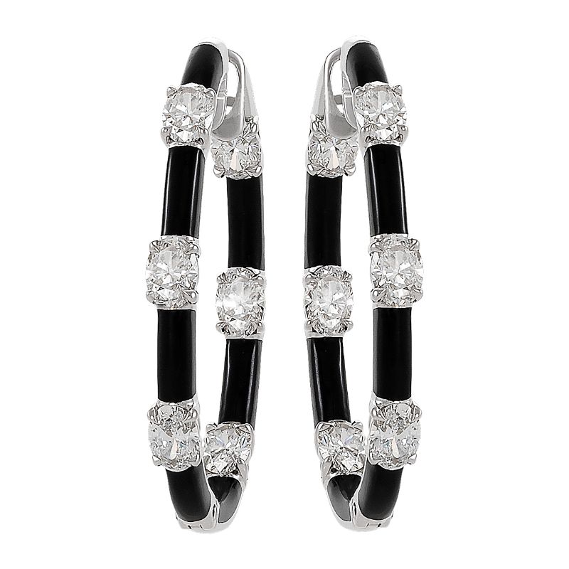 Etho Maria 18K White Gold Rhodium Plated Oval Shape Diamond Hoop Earrings