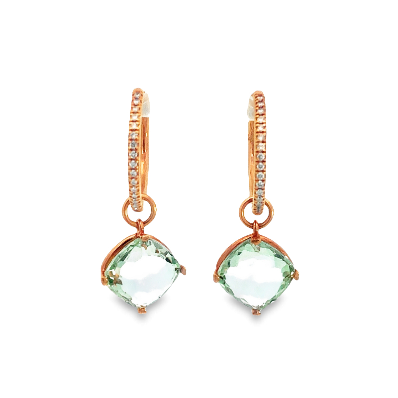Lisa Nik 18k rose gold diamond hoop earrings with prasiolite detachable drops, 10mm prasiolite with diamonds hoop earrings weighing 0.16 carat total weight