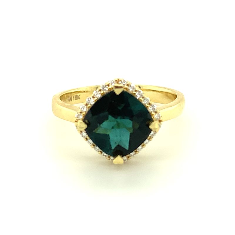 Lisa Nik 18k yellow gold Rocks cushion indicolite ring with diamond halo, 8mm indicolite with round diamonds weighing 0.15 carat total weight