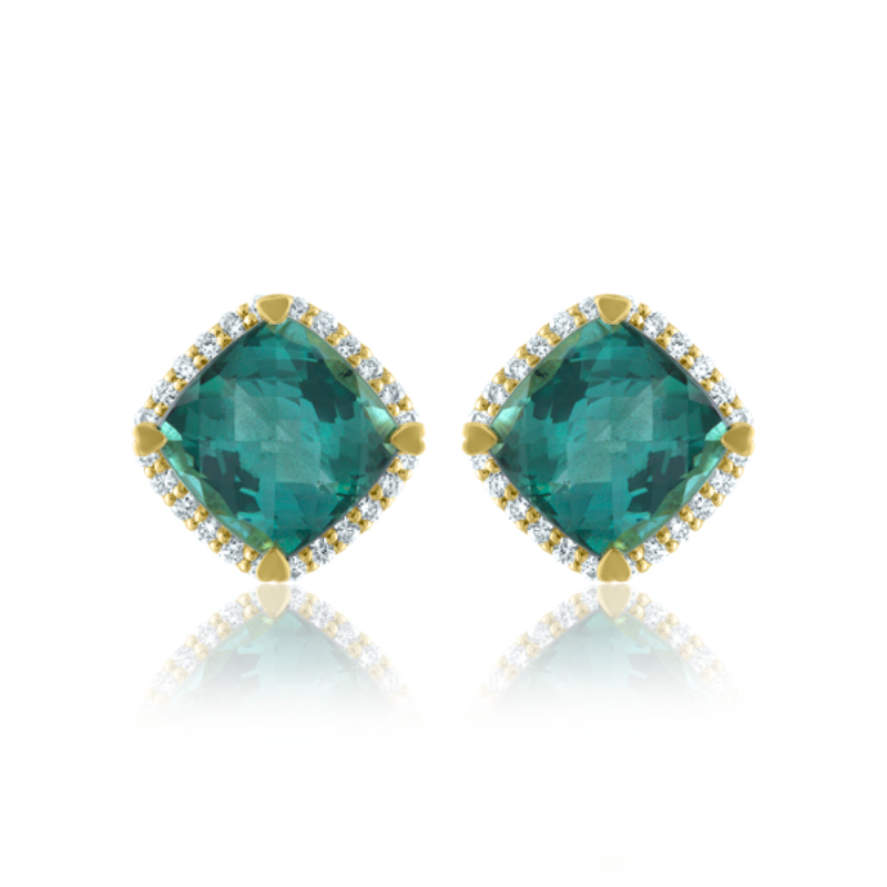 Lisa Nik 18k yellow gold Rocks cushion indicolite stud earrings with diamonds, 8mm indicolite with diamonds weighing 0.30 carat total weight
