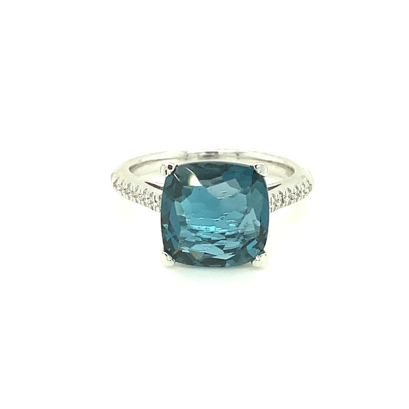 Lisa Nik 18k white gold rhodium plated Rocks 10mm cushion London blue topaz ring with diamonds weighing 0.15 carat total weight