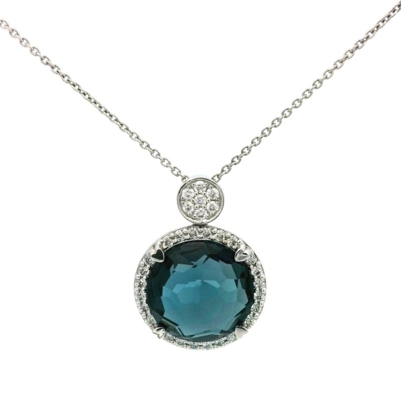 Lisa Nik 18k white gold rhodium plated Rocks round London blue topaz pendant necklace
