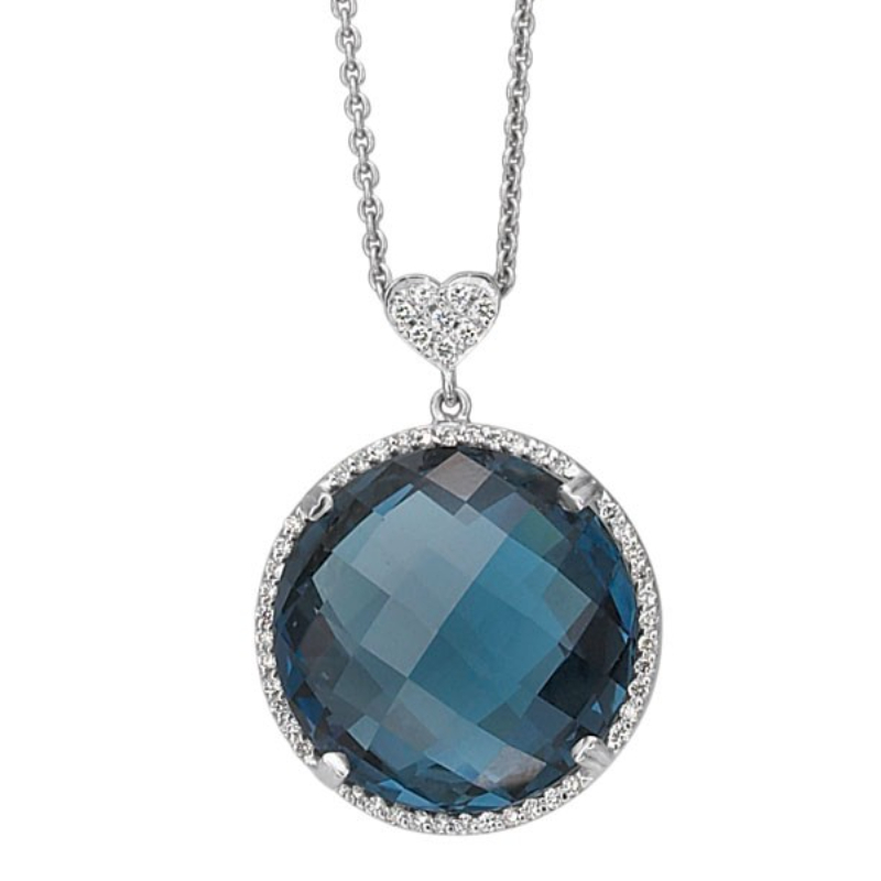 Lisa Nik 18k white gold rhodium plated Rocks 20mm round London blue topaz pendant necklace with diamonds weighing 0.47 carat total weight