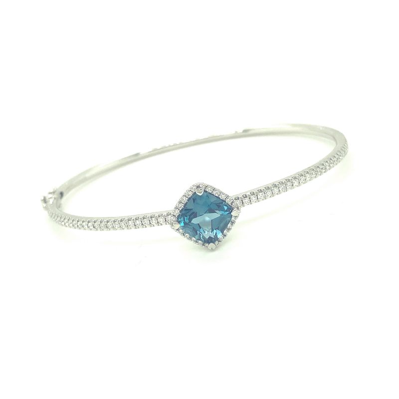 Lisa Nik 18k white gold rhodium plated Rocks bangle bracelet with cushion shape London blue topaz and diamond halo, 8mm Londn blue topaz with round diamonds weighing 0.63 carat total weight