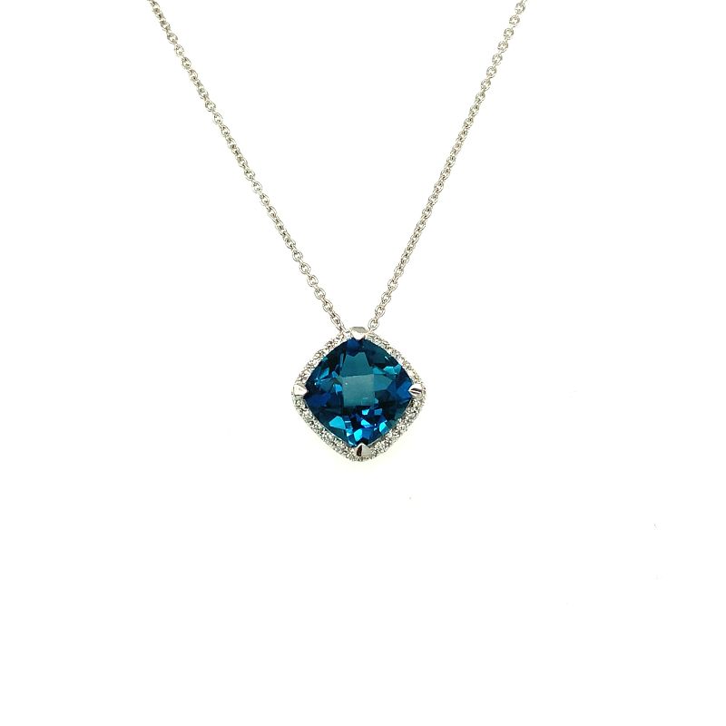 Lisa Nik 18k white gold rhodium plated Rocks cushion shape London blue topaz pendant necklace with diamonds, 8mm London blue topaz with diamonds weighing 0.15 carat total weight, 18"