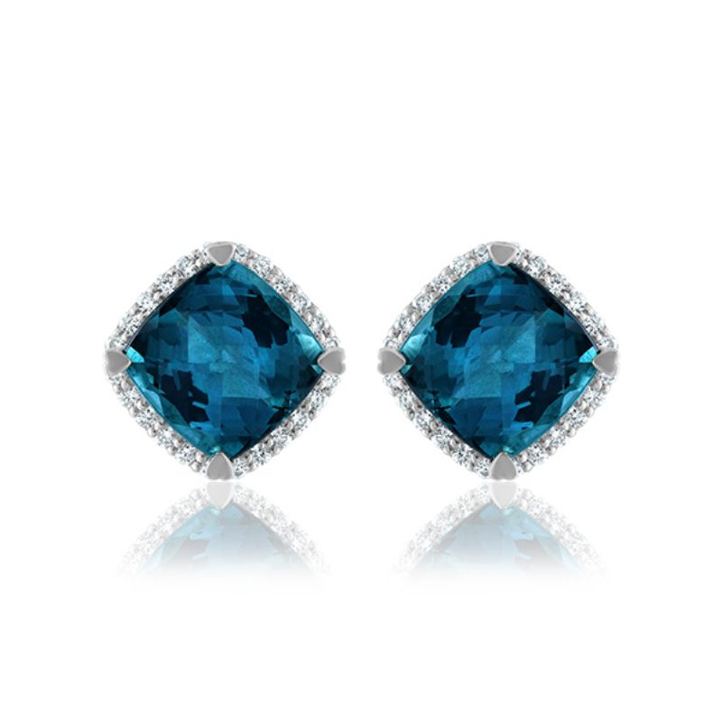 Lisa Nik 18k white gold rhodium plated Rocks cushion shape London blue topaz stud earrings with diamonds, 8mm London blue topaz with diamonds weighing 0.30 carat total weight