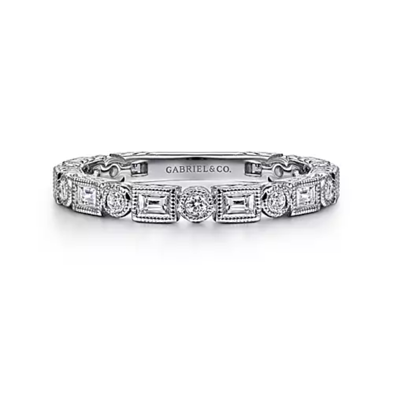 Gabriel & Co 18K White Gold Rhodium Plated Stackable Alternating Baguette (0.44Ct) And Round Diamond (0.14Ct) 3/4+ Band