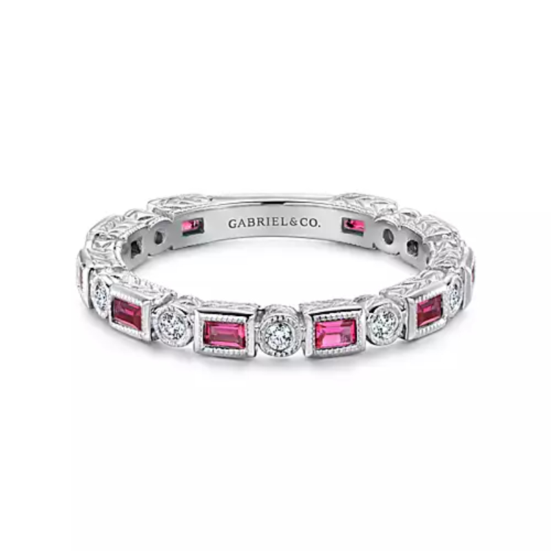Gabriel & Co 18K White Gold Rhodium Plated Stackable Alternating A Quality Baguette Rubies (0.60Ct) And Round Diamond (0.13Ct) 3/4+ Band