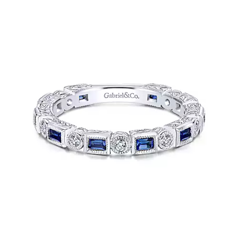 Gabriel & Co 18K White Gold Rhodium Plated Stackable Alternating A Quality Baguette Blue Sapphires (Approx. 0.50Ct) And Round Diamond (Approx. 0.13Ct) 3/4+ Band