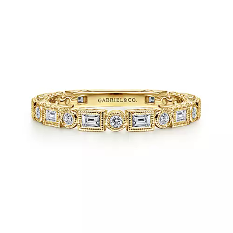 Gabriel & Co 18K Yellow Gold Stackable Alternating Baguette (Apprx. 0.42Ct) And Round Diamond (Apprx. 0.14Ct) 3/4+ Band
