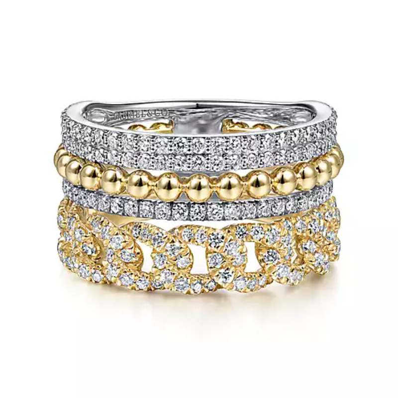 Gabriel & Co 18K Yellow Gold And 18K White Gold Rhodium Plated Contemporary 11.4mm Wide Four Row Easy-Stackable Band
