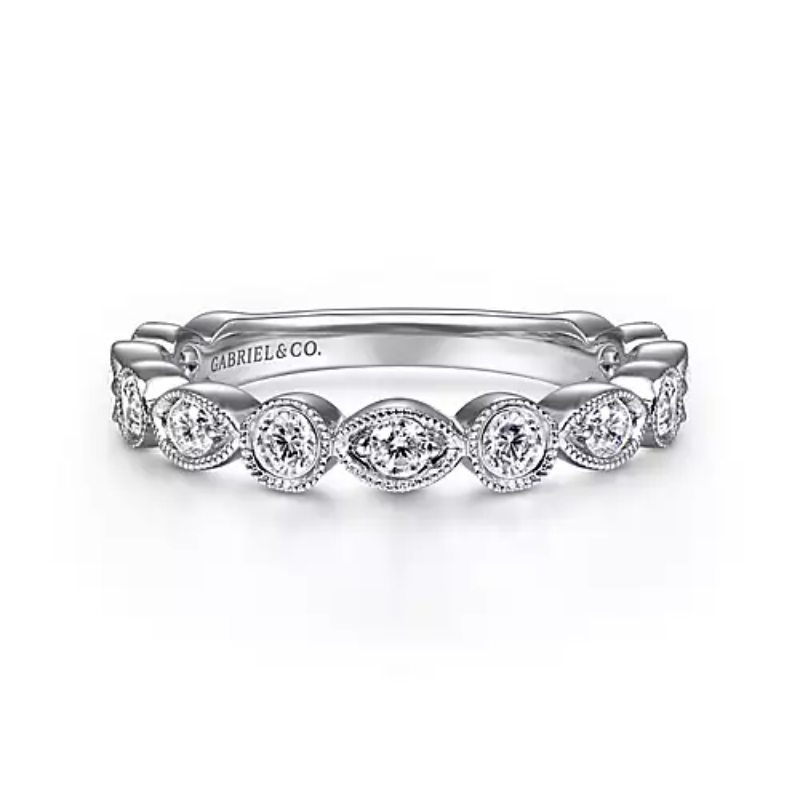 Gabriel & Co 18K White Gold Rhodium Plated Stackable Large 3/4+ Alternating Marquise And Round Shape Geometric Band