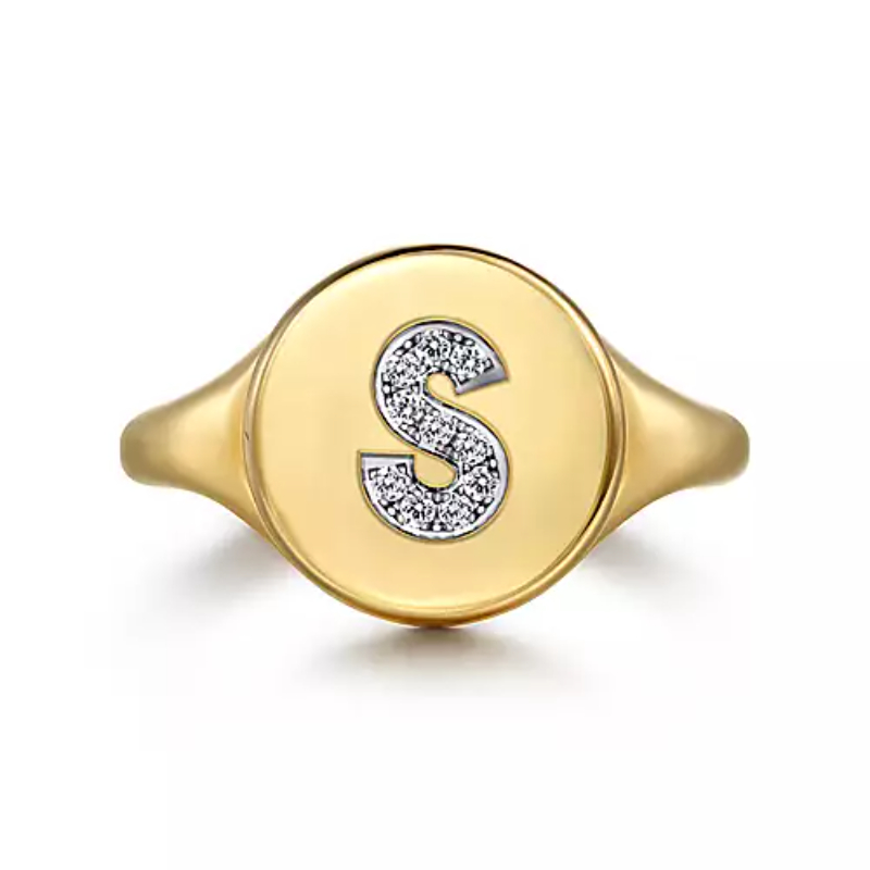 Gabriel & Co 18K Yellow Gold Bujukan Diamond S Initial Signet Ring