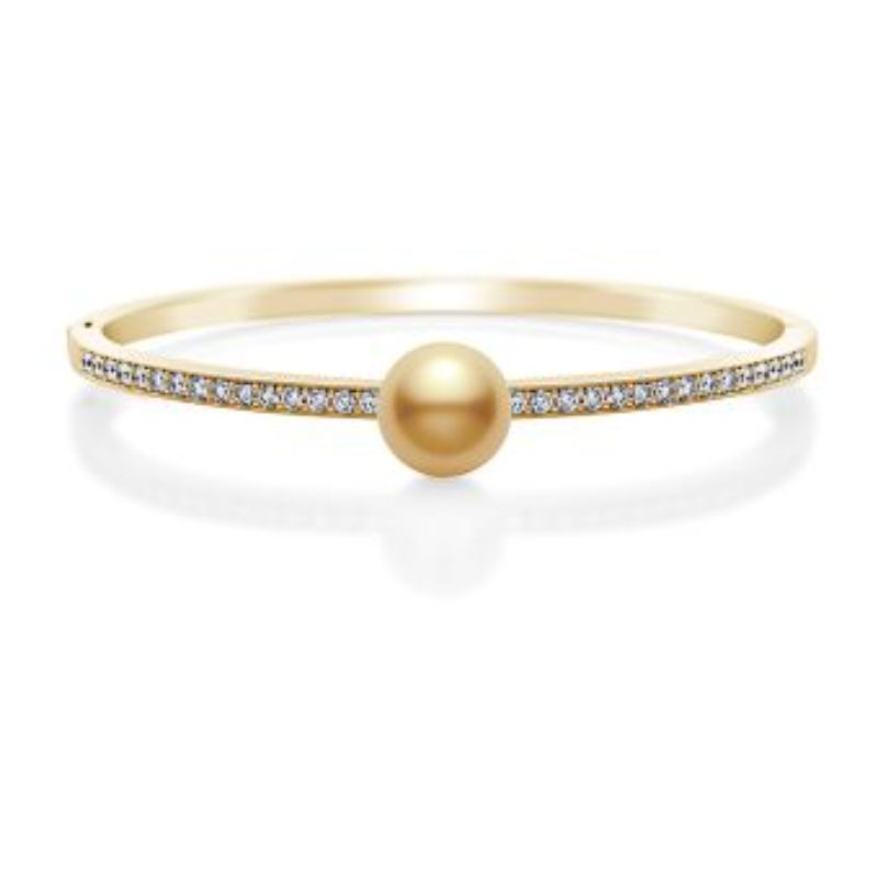 Mikimoto 18K Yellow Gold Classic Bangle Bracelet With A Golden South Sea Pearl Station And Round Diamonds