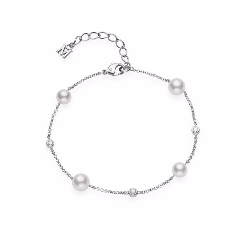 Mikimoto 18k white gold rhodium plated Japan collections alternating pearls and diamonds bracelet