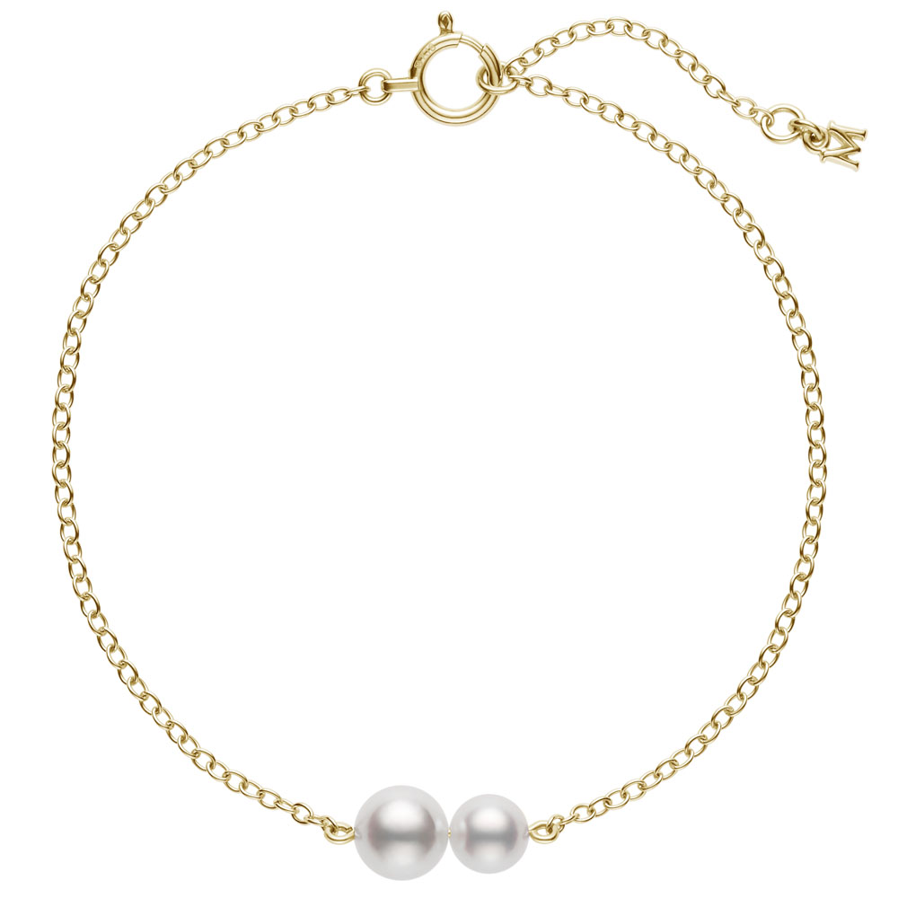 Mikimoto 18k yellow gold Staiton bracelet with 2 pearls, 5-6mm/A+ akoya pearls, 6.25"/7"