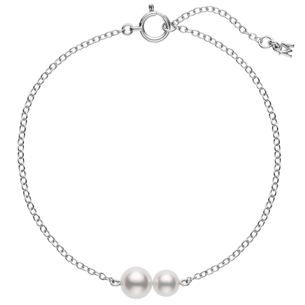 Mikimoto 18k white gold rhodium plated Station bracelet with two pearls, 5-6mm/A+ akoya pearls, 7"/6.25"