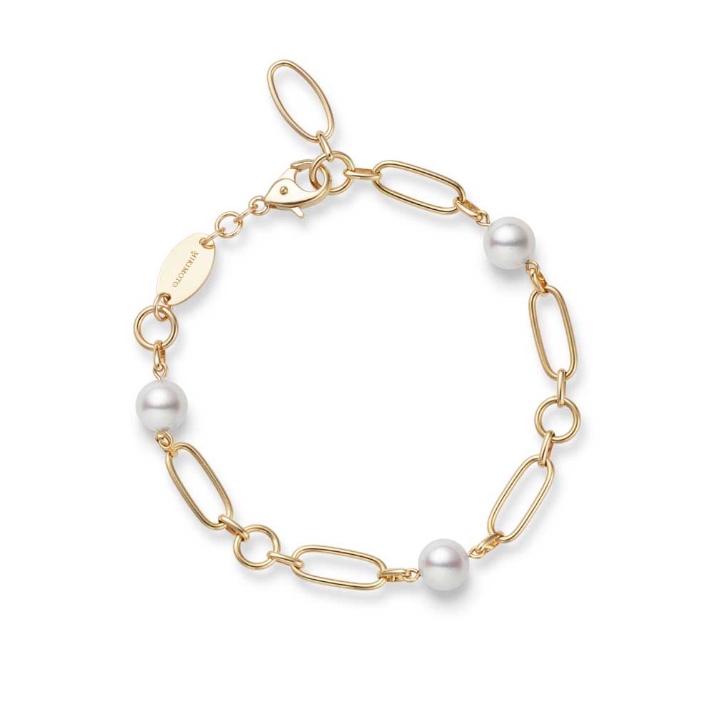 Mikimoto 18K Yellow Gold M Collection Chain Link Bracelet With Three Pearl Stations