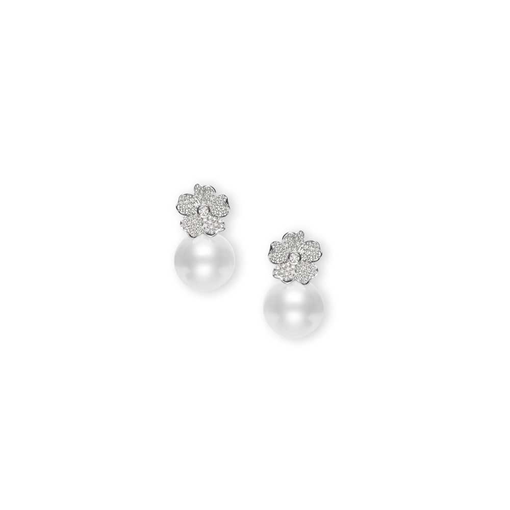 Mikimoto 18k white gold Nature Cherry Blossom pearl drop earrings with diamonds, 11mm/A+ White South Sea pearls with 122 round diamonds weighing 0.45 carat total weight