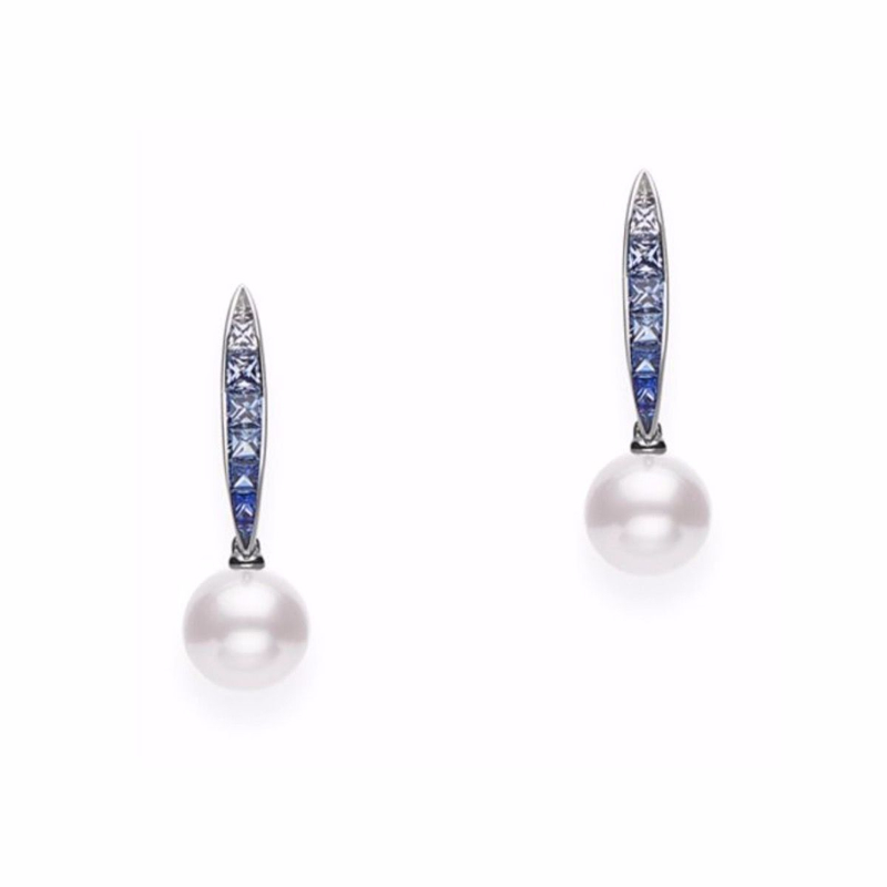 Mikimoto 18K White Gold Akoya & Blue Sapphire Spear Drop Earrings