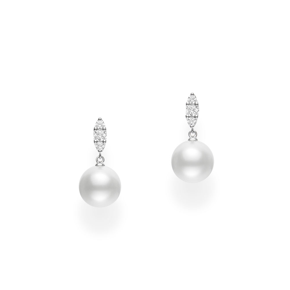 Mikimoto 18k white gold rhodium plated Morning Dew White South Sea pearl drop earrings