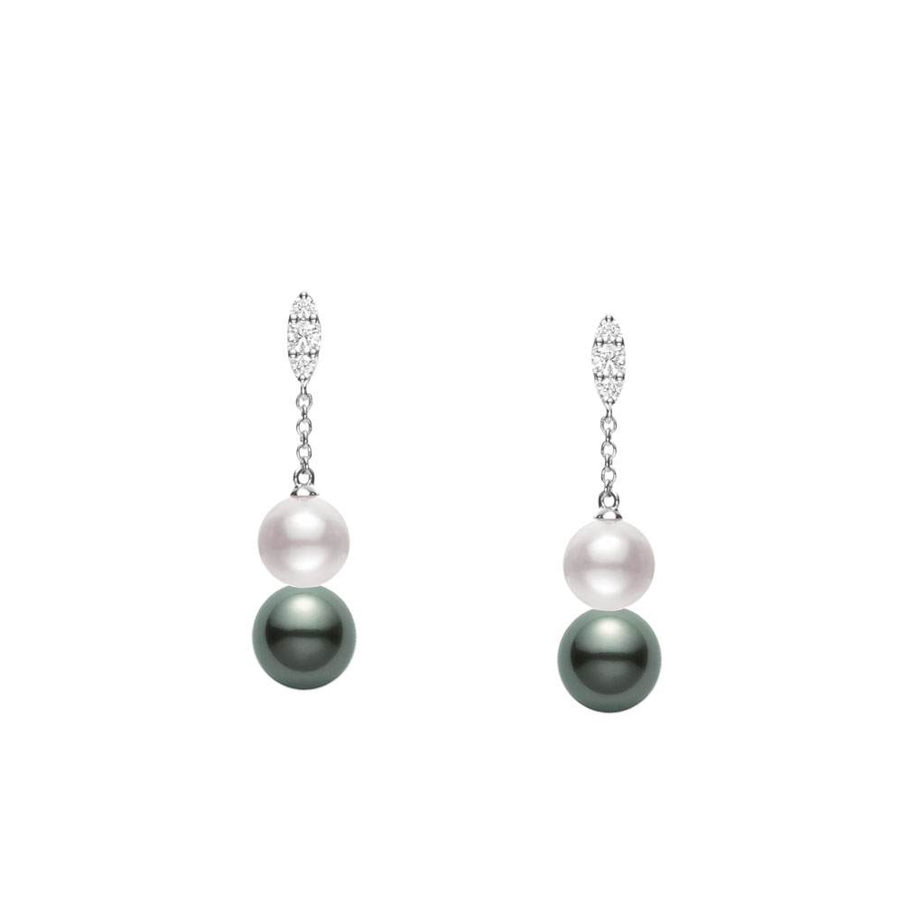 Mikimoto 18k white gold rhodium plated Morning Dew multi pearls drop earrings