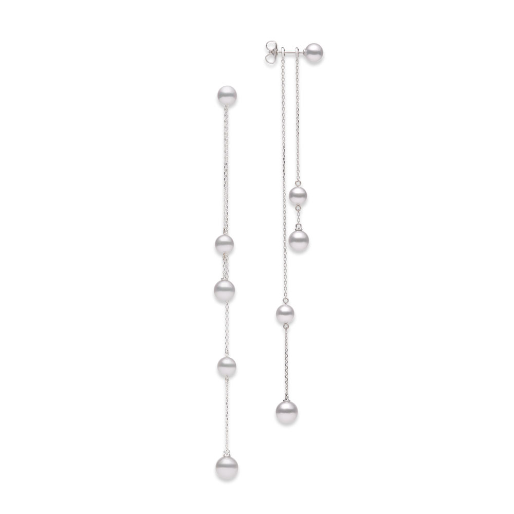 Mikimoto 18k white gold rhodium plated Classic drop earrings with pearls, 5.5-6.5mm/A+ akoya pearls, 4.25"