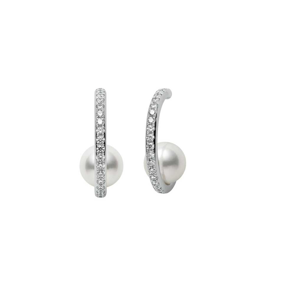 White 18 Karat Earrings With 46=0.46Tw Round Diamonds And 2=7.50Mm A+ Round Akoya Pearls