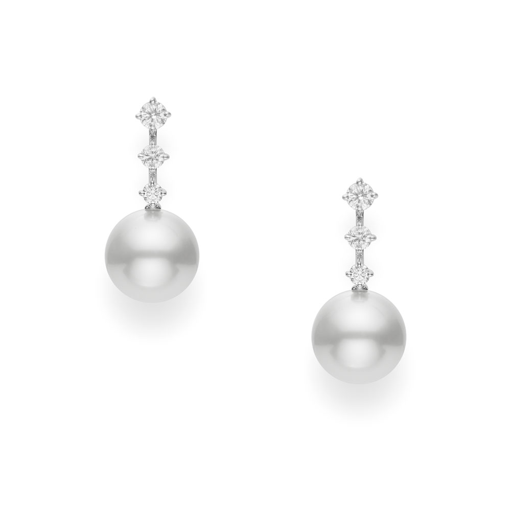 Mikimoto 18k white gold rhodium plated Japan collection pearl drop earrings with diamonds, 11mm/A+ White South Sea pearls with diamonds weighing 0.44 carat total weight