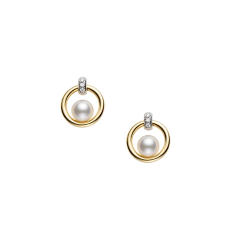 Mikimoto 18k yellow gold and 18k white gold rhodium plated Circle pearl stud earrings with diamonds, 5.5mm/A+ akoya pearls with 6 round diamonds weighing 0.02 carat total weight