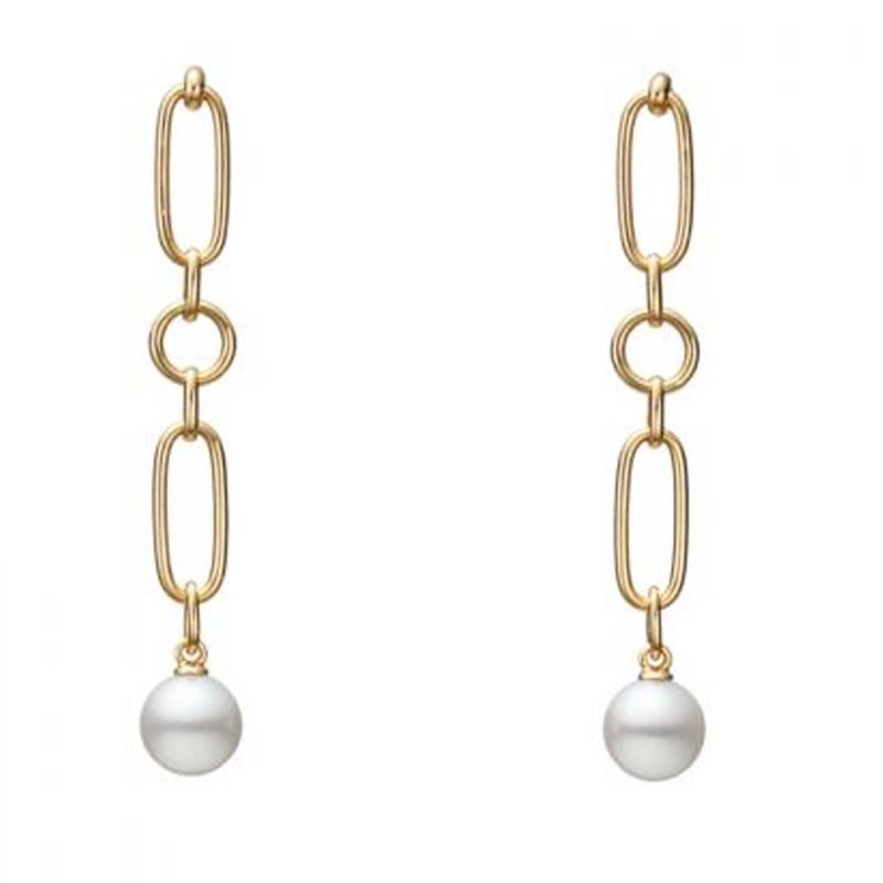 Mikimoto 18K Yellow Gold M Collection Chain Link Drop Earrings With Pearls