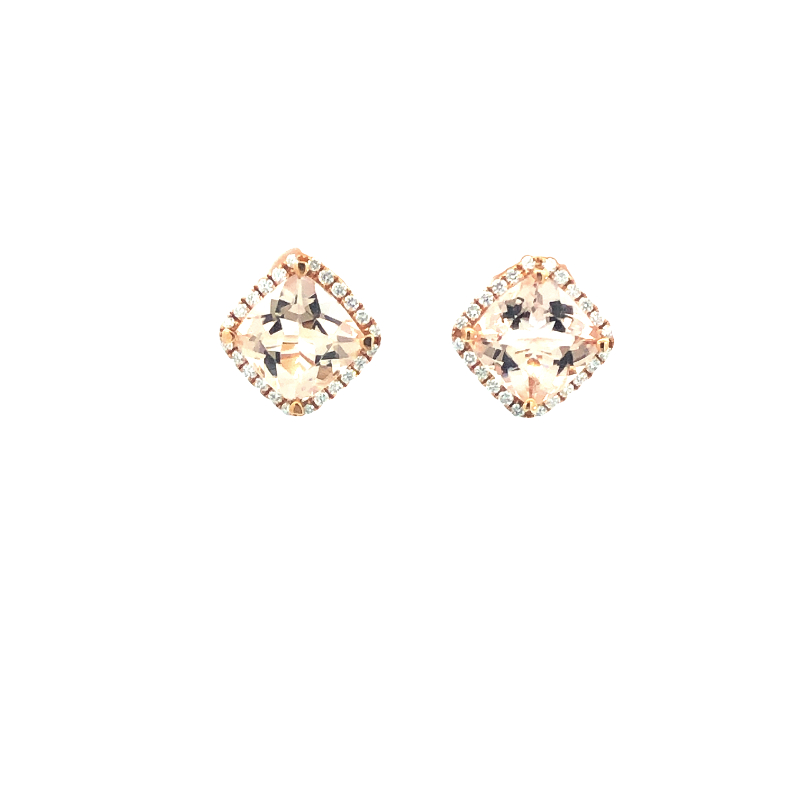 Lisa Nik 18k rose gold Rocks cushion shaped morganite stud earrings with diamond halo, 8mm morganite with round diamonds weighing 0.30 carat total weight
