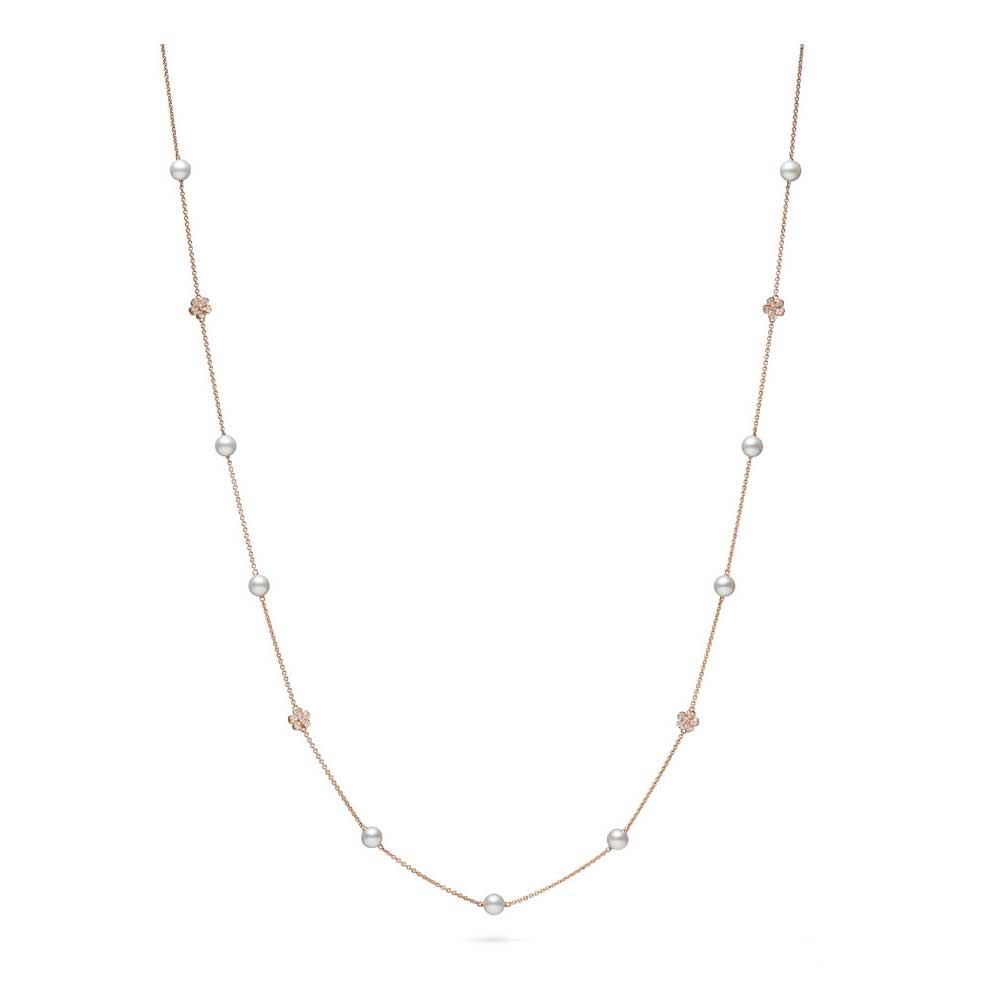 Mikimoto 18k rose gold Nature Cherry Blossom pearl station necklace with diamond flowers, 7mm/A+ akoya pearls with 68 round diamonds weighing 0.46 carat total weight, 34.5
