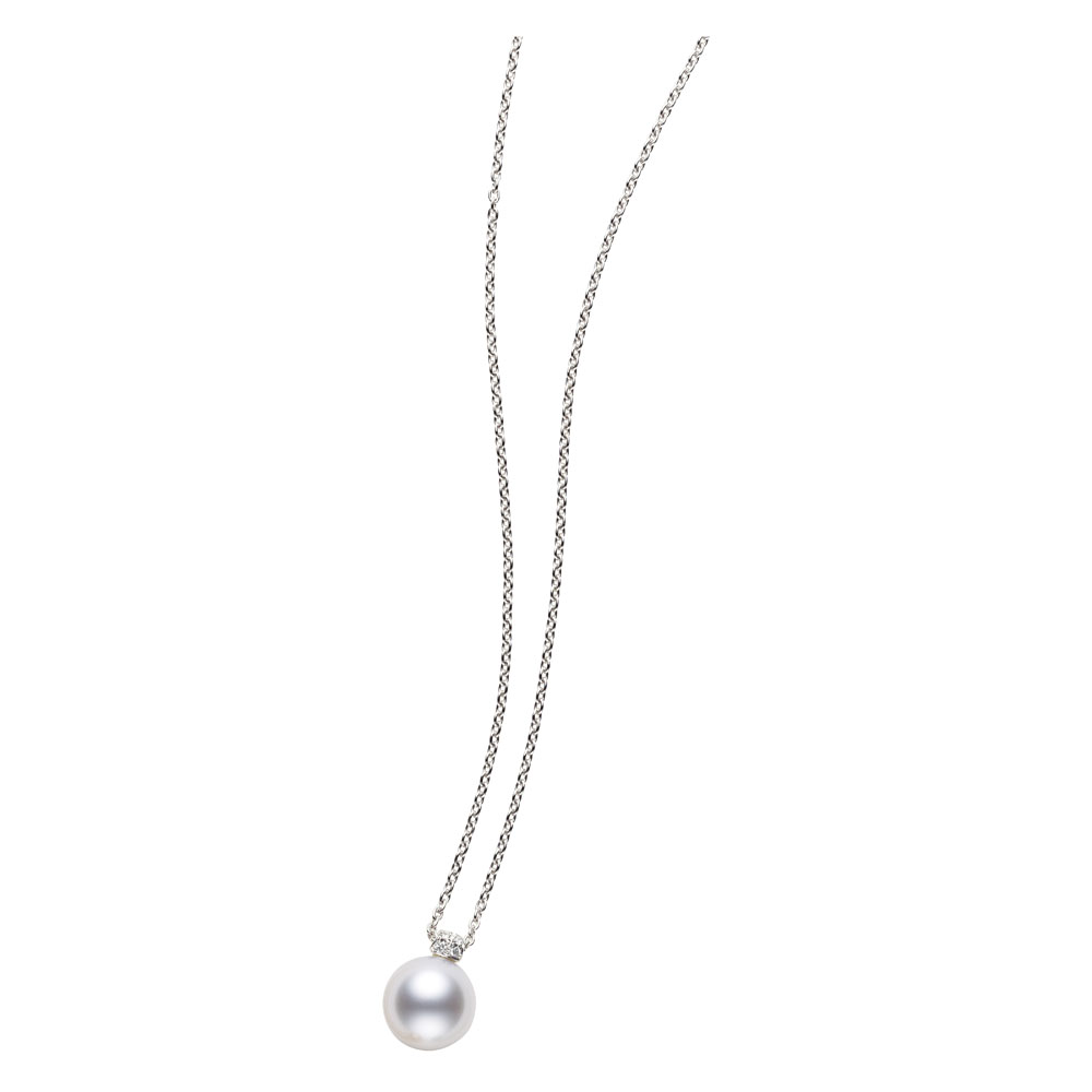 Mikimoto 18k white gold Japan Collection single pearl pendant necklace with diamond bail, 11mm/A+ Akoya pearl with diamonds weighing 0.02 cart total weight, 31" adjustable