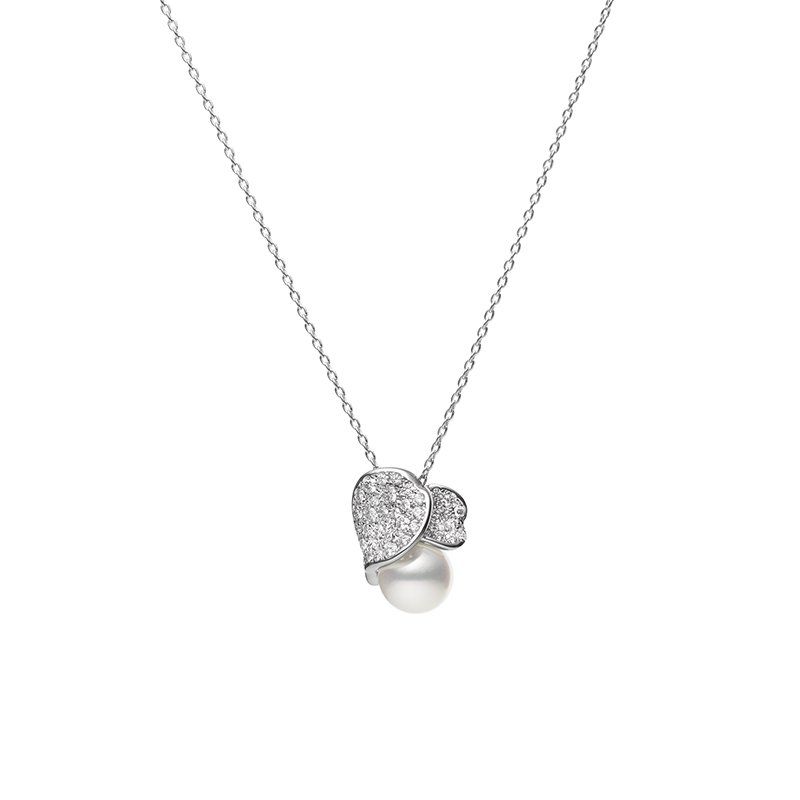 Mikimoto 18k white gold rhodium plated Petal pearl pendant necklace with diamonds, 8mm/A+ akoya pearl with 43 round diamonds weighing 0.44 carat total weight, 20"