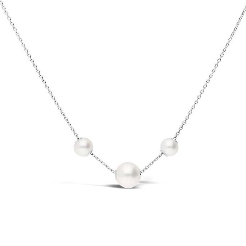 Mikimoto 18k White Gold Three Akoya Pearl Station Necklace