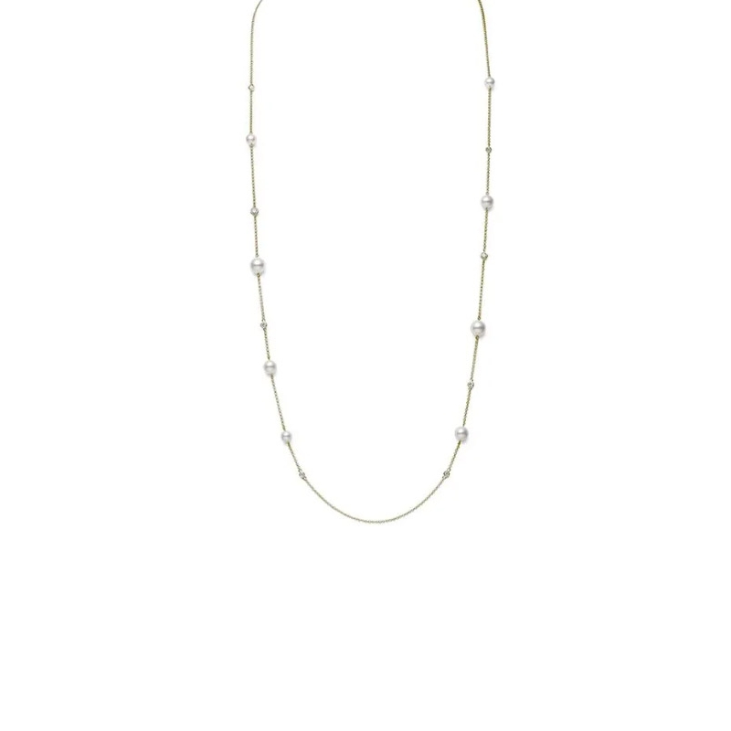 Mikimoto 18K Yellow Gold Akoya Cultured Pearl And Diamond Station Necklace